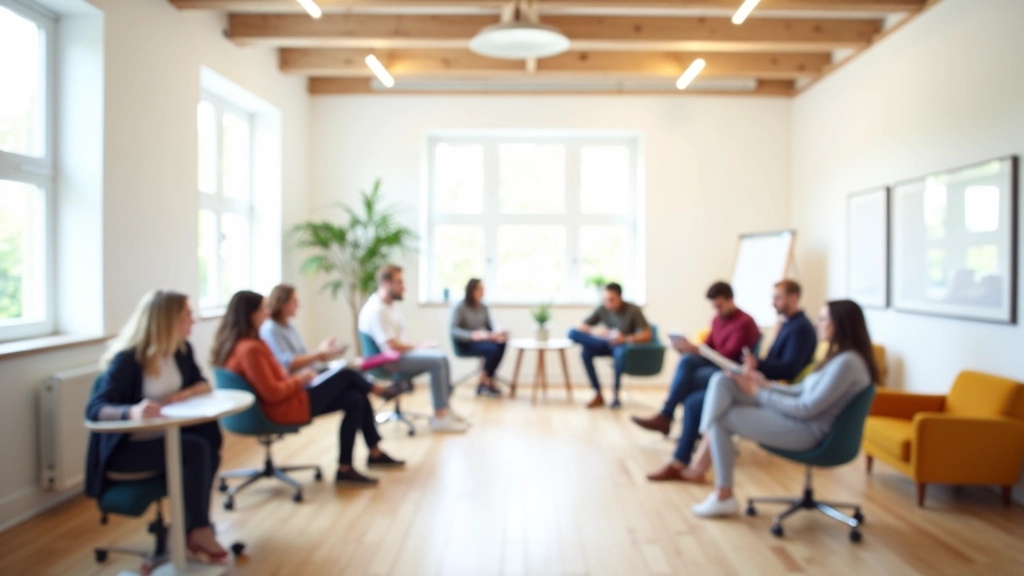 Collaborative workshop space with whiteboards, flexible seating, bright open layout