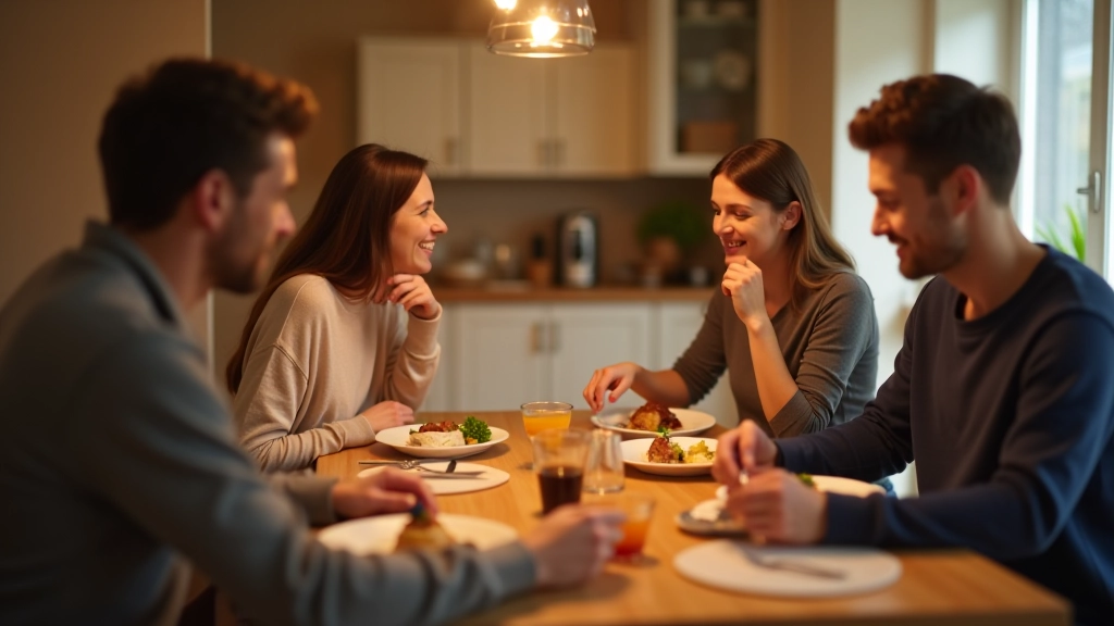Family eating dinner together at wooden table without phones visible