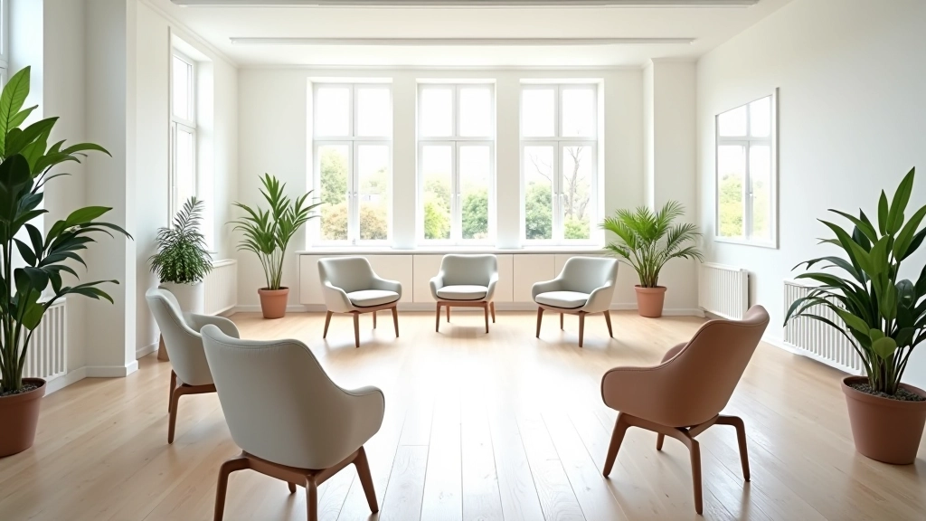 Modern training room with comfortable seating, natural lighting, calm minimalist design