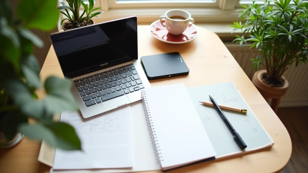 Study space with desk, laptop, notebook, mindfulness elements, organized calm environment