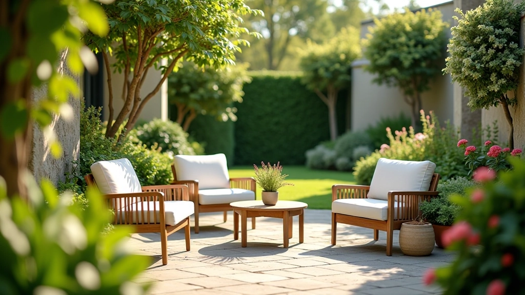 Outdoor learning area with seating, peaceful garden setting, nature elements visible