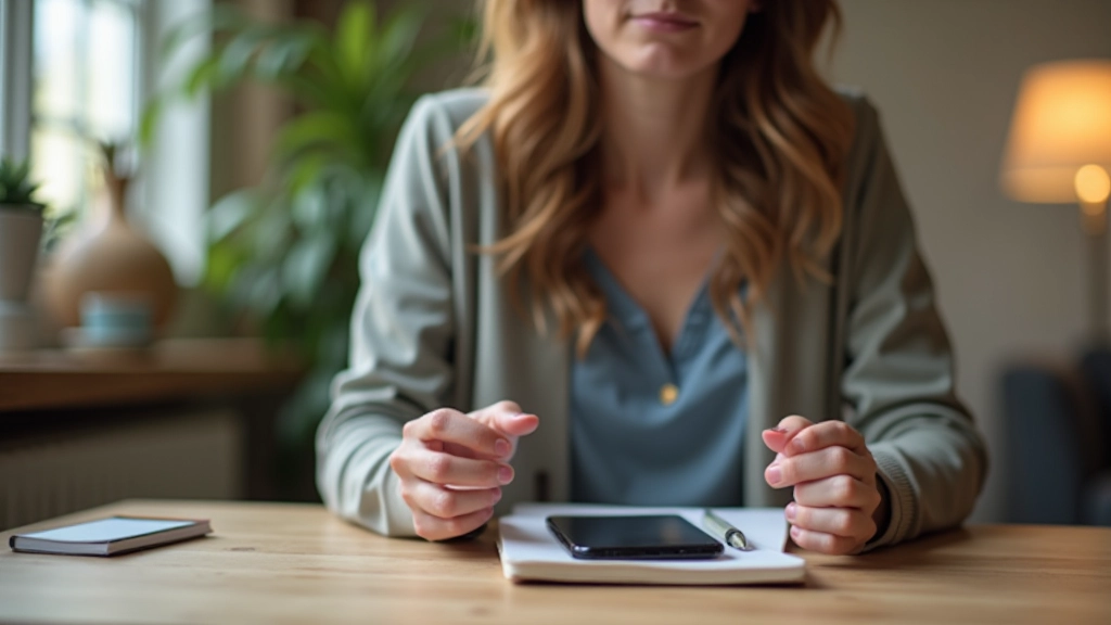 Person sitting peacefully with smartphone on wooden table, notebook and pen nearby, natural lighting