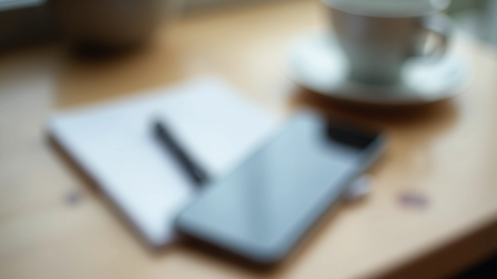 Smartphone placed face-down on wooden table with notebook and pen nearby