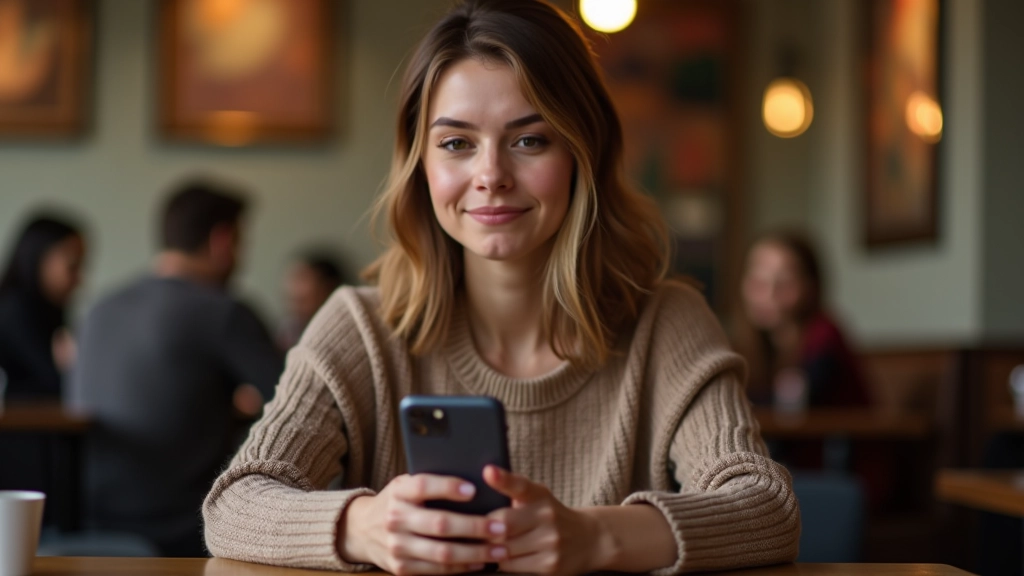 Woman in focus using smartphone mindfully at coffee shop, selective app usage, calm expression
