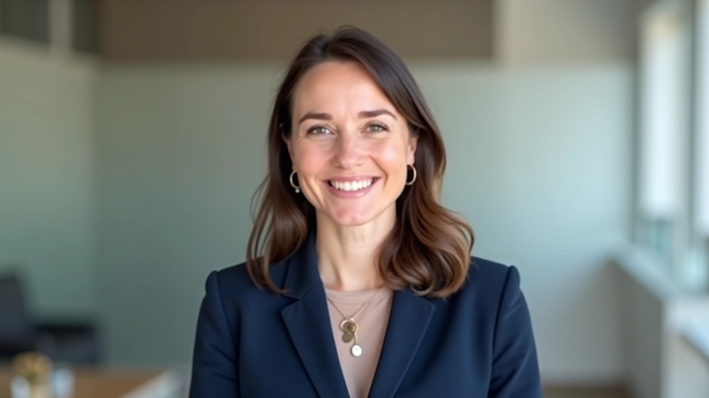 Woman facilitator, professional headshot, warm expression, modern office setting, sharp focus